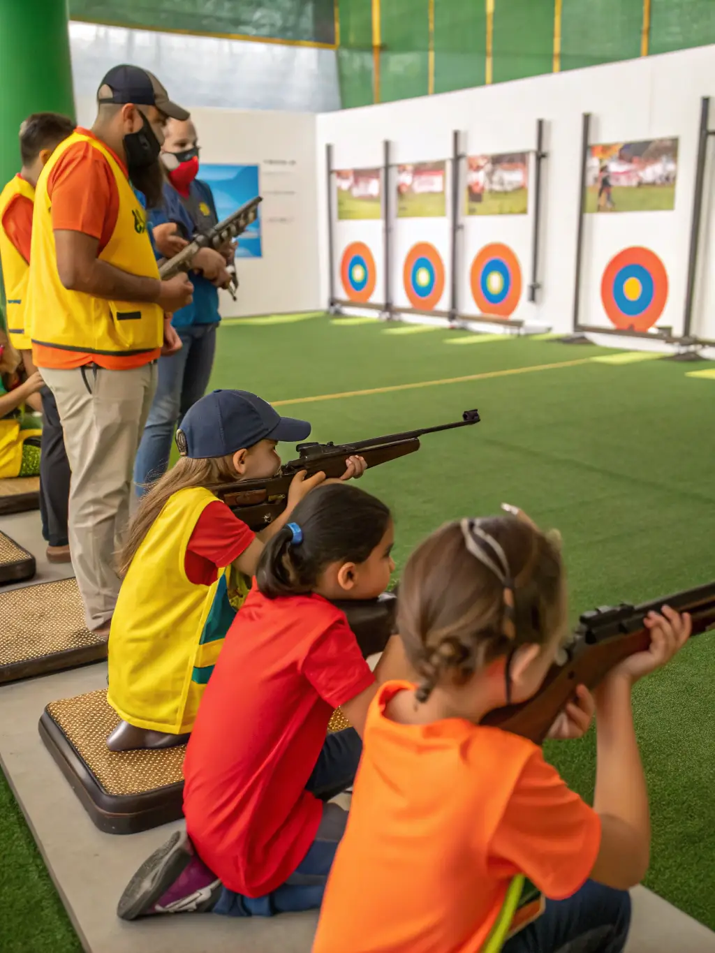 A picture showcasing youth members participating in a supervised shooting activity, emphasizing safety and skill development.