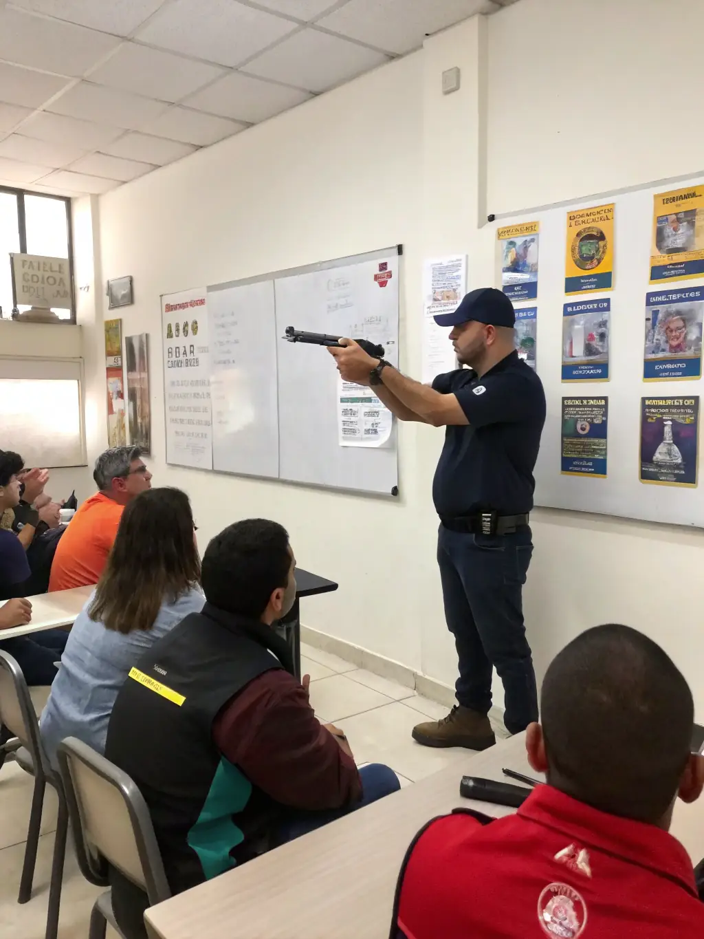 A photo of a group of beginners receiving instruction on firearm safety and basic shooting techniques during a CDTHA training program.